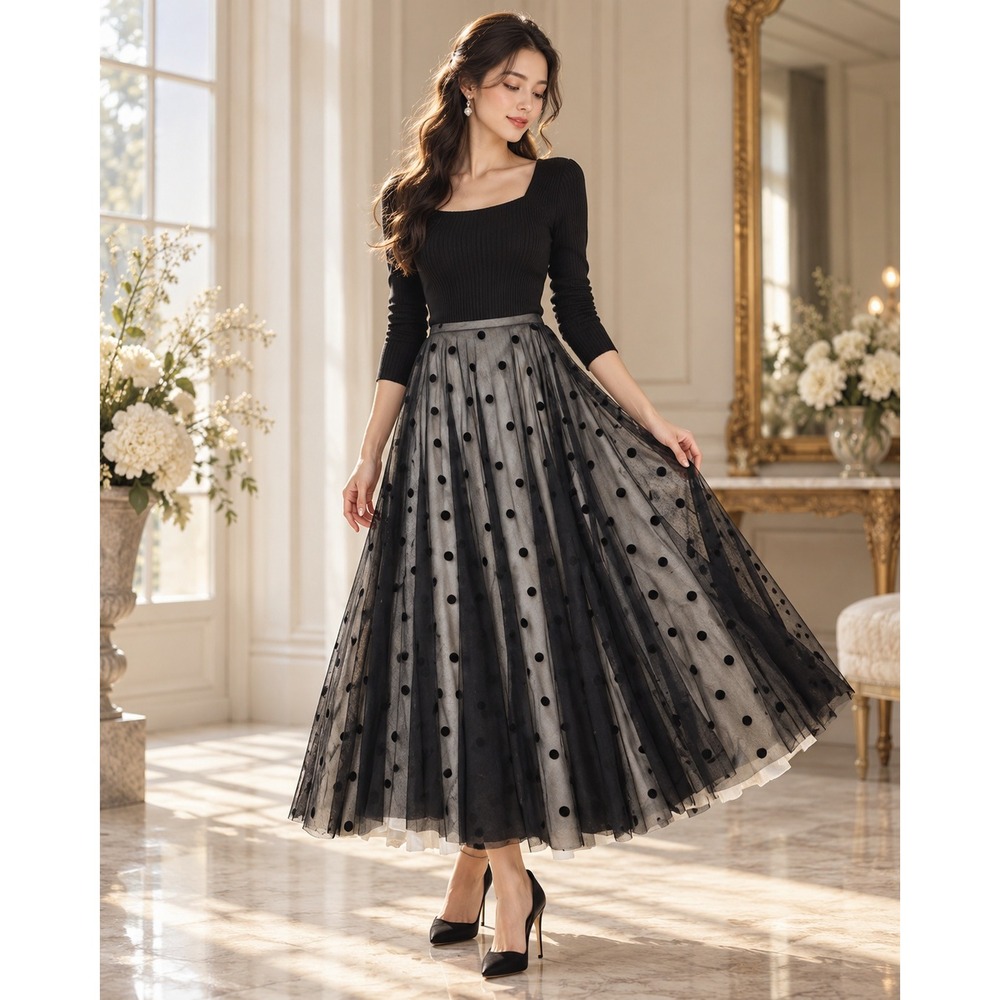 Alexia Admor Maxi Skirt 10 Black Polka Dot Flocked Mesh Pleated A-Line #1585